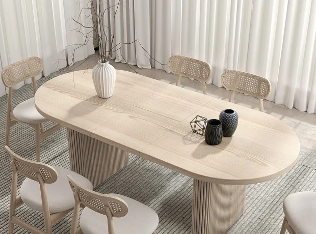 Sandy-Japandi Dining Table with 6 Rattan chairs