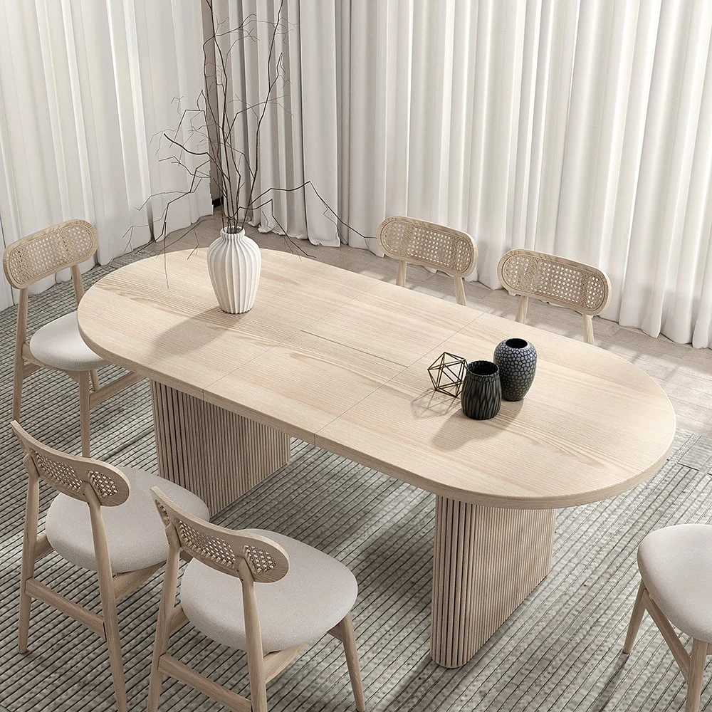 Sandy-Japandi Dining Table with 6 Rattan chairs